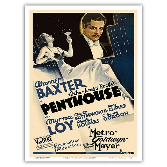 Penthouse - Starring Warner Baxter & Myrna Loy - Directed by W.S. Van Dyke - Vintage Film Movie Poster c.1933 - Master Art Print (Unframed) 9in x 12in