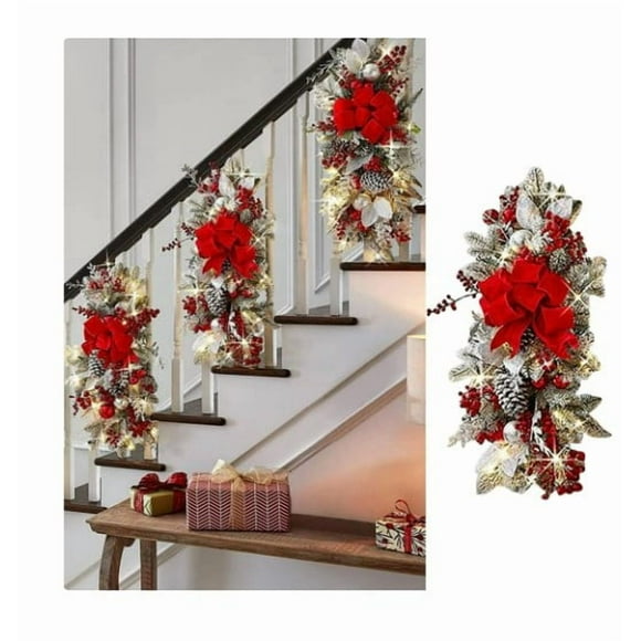Peo's Cordless Prelit Stairway Swag Trim, Christmas Swag Wreaths for Front Door Holiday Wall Window Hanging Ornaments for Indoor Outdoor Home Xmas Decor (Red)
