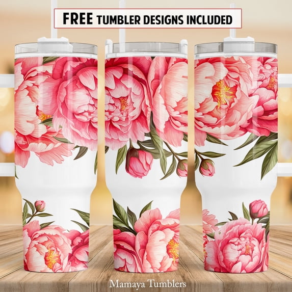 Peonies 40 oz Quencher tumbler sublimation Flowers Watercolor Floral Seamless Waterslide