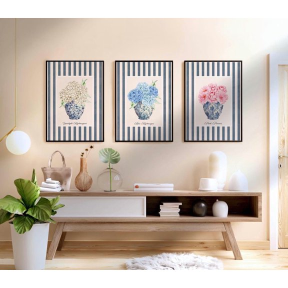 Peonies And Hydrangea Chinoiserie Vase Art Set of 3, Floral Grandmillennial Wall Art, Striped Botanical Decor