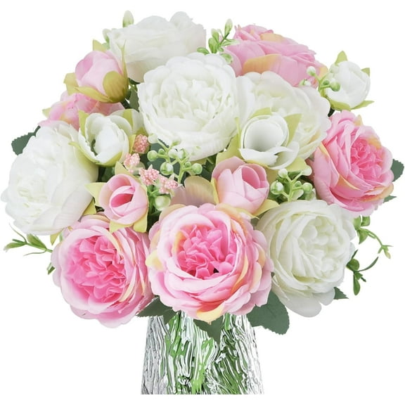 Peonies Artificial Flowers 2 Packs Mixed Fake Peonies Flower Bouquet Faux Silk Peony Floral Arrangements for Wedding Bridal Party Table Centerpiece Home Decorations (White & Pink)