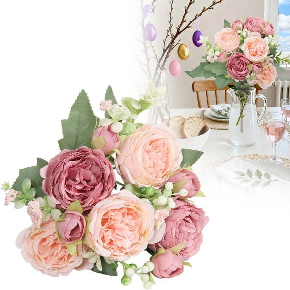 Peonies Artificial Flowers 5 Heads Lifelike Faux Penoy Bouquet with Stem Fake Flowers for Vase, Floral Arrangements, Table Centerpieces, Bridal Bouqet, Wedding Decorations, Indoor Home Decor, E