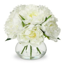 Peonies Artificial Flowers Silk Peony 6 Flower Heads Flower Arrangements in Glass Vase with Faux Water White Fake Flowers Home Decor
