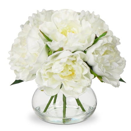 Peonies Artificial Flowers Silk Peony 6 Flower Heads Flower Arrangements in Glass Vase with Faux Water White Fake Flowers Home Decor