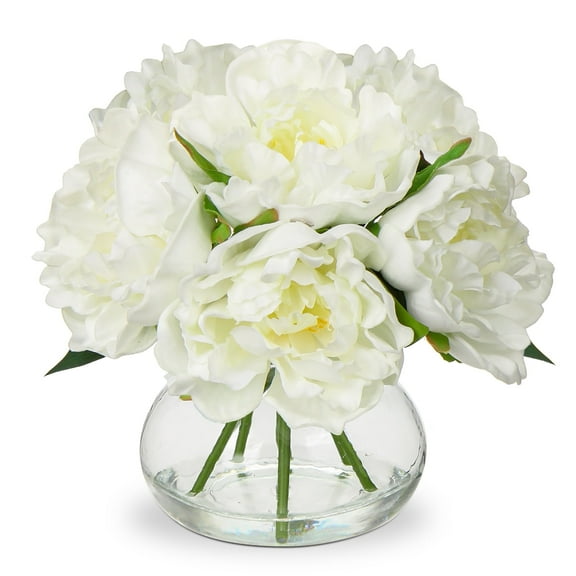 Peonies Artificial Flowers Silk Peony 6 Flower Heads Flower Arrangements in Glass Vase with Faux Water White Fake Flowers Home Decor