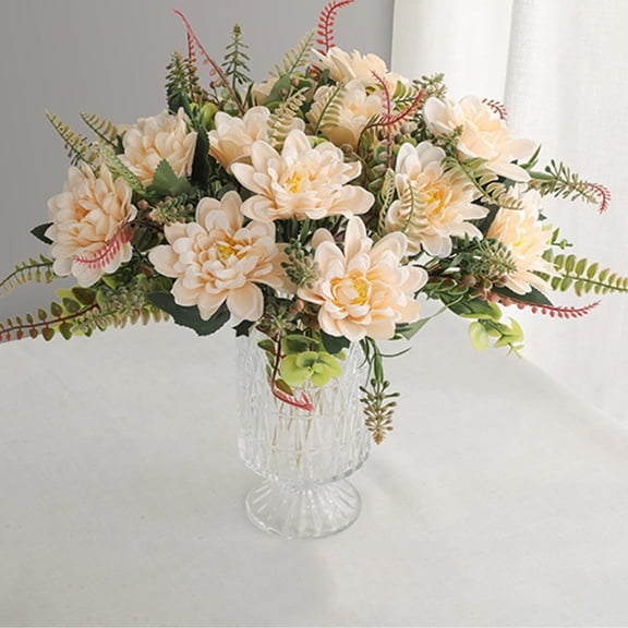 Peonies Artificial Flowers Simulation Dahlia Bouquets Cuttings Cream Bloom Mix Fern Leaf Detail Decor for Wedding Desktop Mantel Shelf Decor