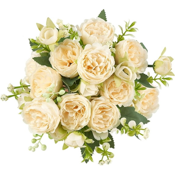 Peonies Artificial Flowers, Small Silk Flowers for Home Decor Indoor Fake Bouquet Faux Floral Arrangements Dining Table Centerpieces for Kitchen Bridal Wedding Party Decor Champagne