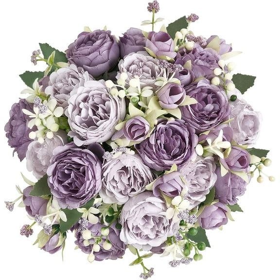 Peonies Artificial Flowers, Small Silk Flowers for Home Decor Indoor Fake Bouquet Faux Floral Arrangements Dining Table Centerpieces for Kitchen Bridal Wedding Party Decor Purple