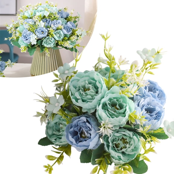 Peonies Artificial Flowers, Small Silk Flowers for Home Decor Indoor Fake Bouquet Faux Floral Arrangements Dining Table Centerpieces for Kitchen Party Decor (1, Mixed Blue)