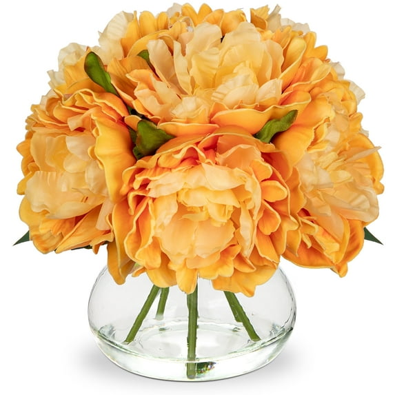 Peonies Artificial Flowers with Vase Orange Silk Fake Flowers Arrangements in Glass Vase with Faux Water Faux Floral Bulk Bouquet for Home Office Wedding Table Centerpiece Decoration