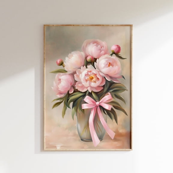 Peonies Bouquet Print Watercolour Boho Pink Bow Floral Decor Unframed Paper Print