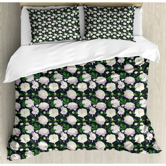 Peonies Duvet Cover Set, Vintage Style Blooming Spring Flowers Pattern, Decorative 3 Piece Bedding Set with 2 Pillow Shams, King Size, Dark Grey Green, by Ambesonne