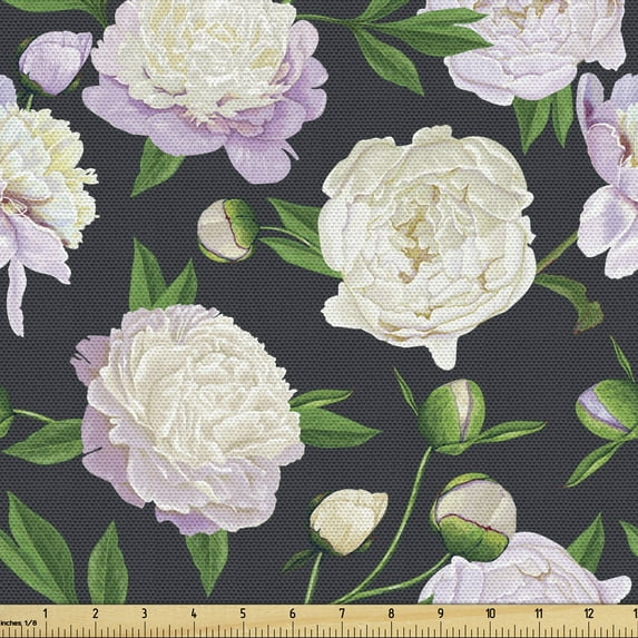 Ambesonne Peonies Fabric by the Yard Upholstery, Vintage Spring Blossoms, 2 Yards, Dark Grey Green
