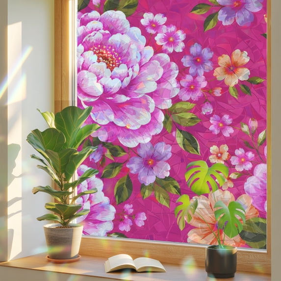 Peonies Flowers Window Privacy Film Rainbow Static Cling Stain Glass ...