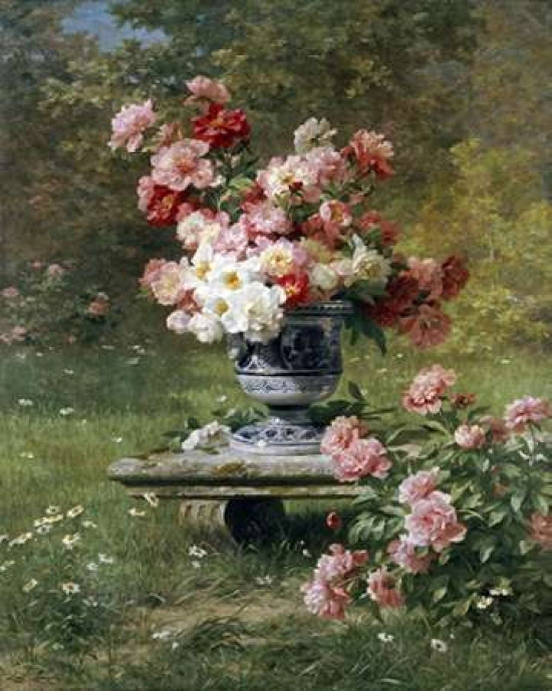 Peonies In An Urn In a Garden Canvas Art - Louis Marie Lemaire (24 x 30)