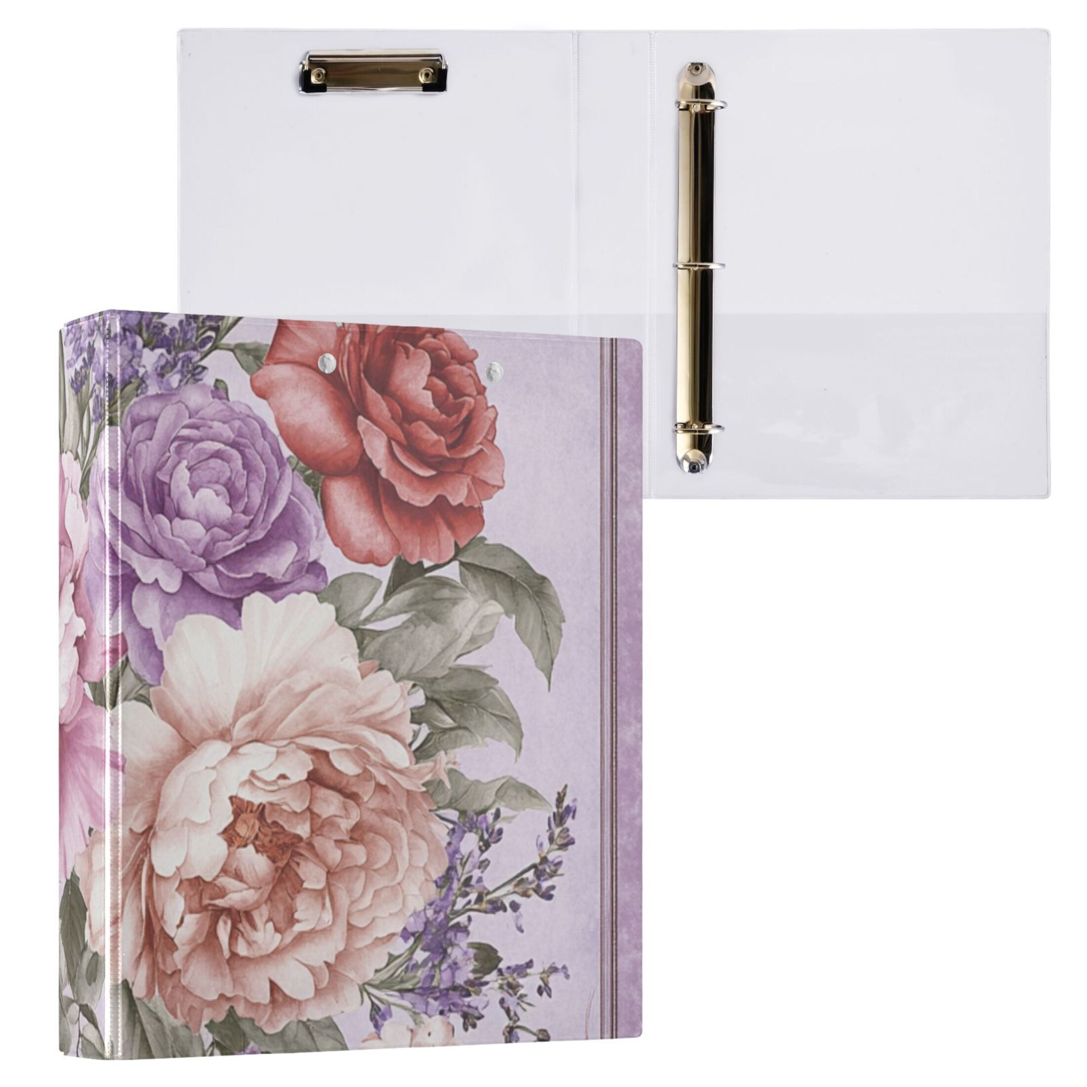 Peonies Roses Lavender Flowers 3 Ring Binders 1.5 inch Hardcover File Folders with Interior Pockets A4 Size Organizer for School Office Hospital Set of 2