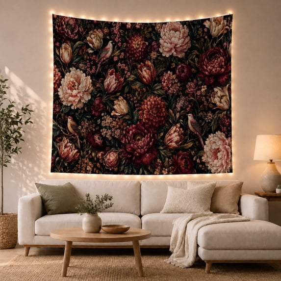 Peonies and Songbirds Among Blush and Burgundy Blooms, Serene Vintage for Nature Lovers, Botanical Wall Art, Housewarming Gift, Tapestry Wall Hanging for Bedroom and Studio