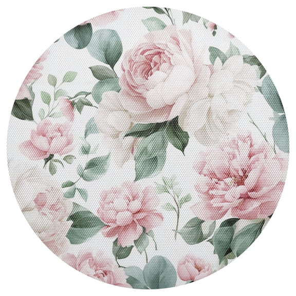 Peonies with Roses Leaves Romantic PVC Round Grid Placemat Table Mat 1 Pc 15.4" x 15.4"