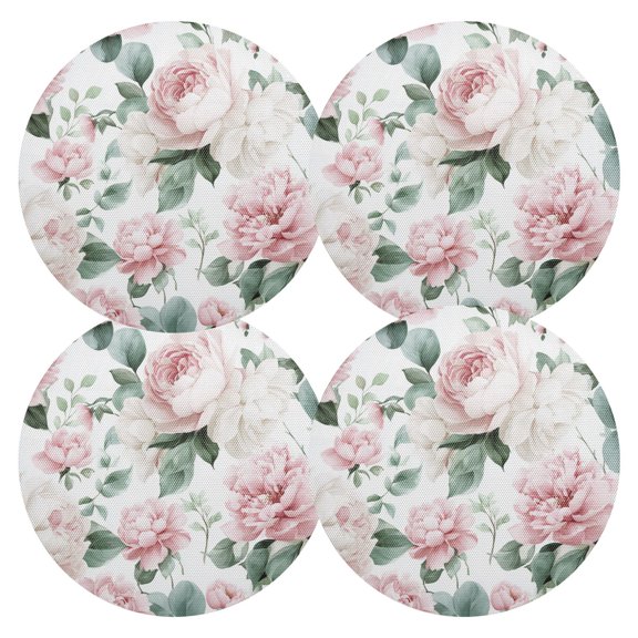 Peonies with Roses Leaves Romantic PVC Round Grid Placemat Table Mat Set 4 Pcs 15.4" x 15.4"