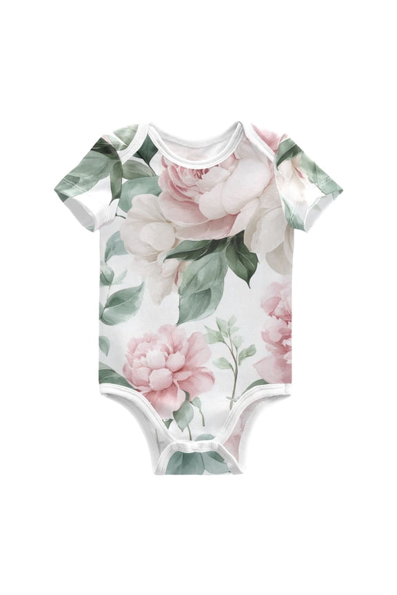 Peonies with Roses Leaves Romantic Pure Cotton Bodysuit Short Sleeve Pajamas One-Piece Romper Unisex 6M