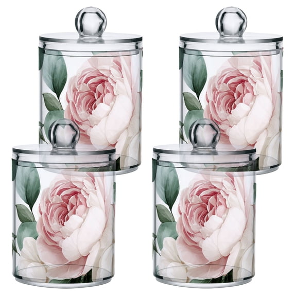 Peonies with Roses Leaves Romantic Translucent Plastic Cans Storage Canisters with Lid Set of 4
