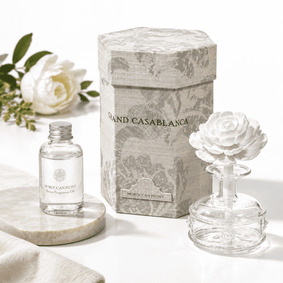 Peony 1.69 oz Porcelain Flower Reed Diffuser with Gift Box for Home Fragrance