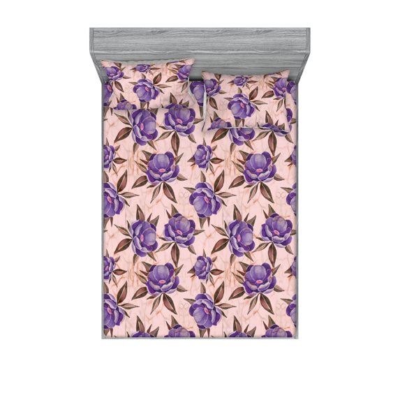 Peony Art Fitted Sheet & Pillow Sham Set, Watercolor Style Drawn Flowers Boho with Leaves Pattern on Pink Back, Decorative Printed 3 Piece Bedding Decor, King, Blush Blue Violet Fawn, by Ambesonne