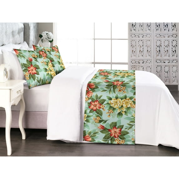 Peony Artwork Bed Runner Set, Bohemian Inspirations Garden Flowers Vintage with Leaves Pattern, Decorative Bedding Scarf & 2 Pillow Shams for Hotels Homes, King, Vermilion Forest Green, by Ambesonne