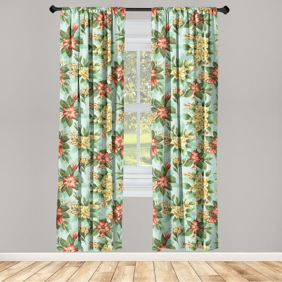 Peony Artwork Window Curtains, Bohemian Inspirations Garden Flowers Vintage with Leaves Pattern, Lightweight Decor 2-Panel Set with Rod Pocket, Pair of - 28"x95", Vermilion Forest Green, by Ambesonne
