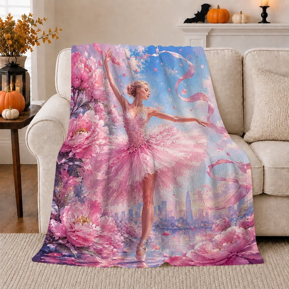 Peony Ballerina with Ribbons and City Skyline, Dreamy Impressionist Style for Ballet Lovers, Birthday Gift, Cozy Flannel Blanket for Bedroom and Living Room, Home Decor