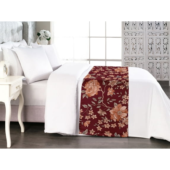 Peony Bed Runner, Autumn Color Flowers with Leafy Branches Pattern Melancholic Vibes Art, Decorative Accent Bedding Scarf for Hotels Homes & Guest Rooms, Queen, Raspberry Coral Grey Teal, by Ambesonne