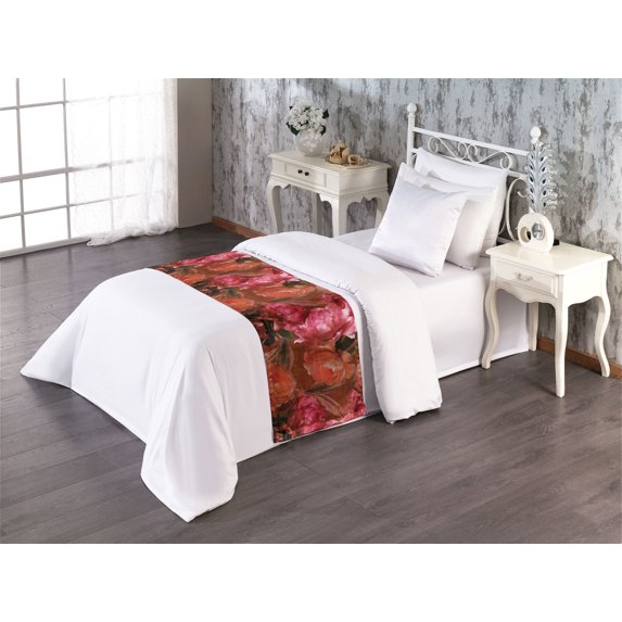 Peony Bed Runner, Grunge Effect Vintage Warm Colors Pattern of Flowers Graphic Art, Decorative Accent Bedding Scarf for Hotels Homes & Guest Rooms, Twin, Pink Dark Salmon and Cinnamon, by Ambesonne