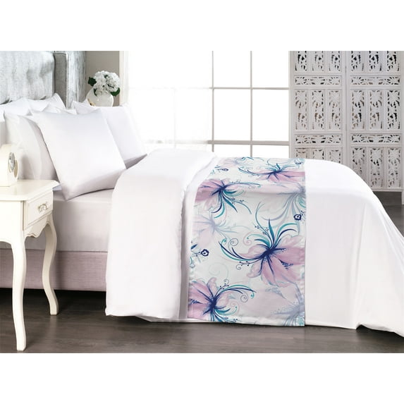 Peony Bed Runner, Romantic Pastel Colors Dreamy Petals of Delicate Flowers Vintage Art, Decorative Accent Bedding Scarf for Hotels Homes & Guest Rooms, Queen, Lilac Dark Seafoam White, by Ambesonne