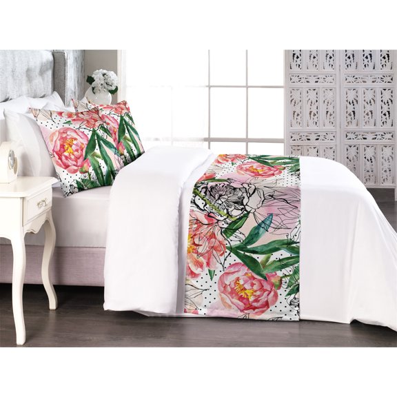 Peony Bed Runner Set, Floral Vintage Design Watercolor Style Drawn Artwork on Polka Dots Back, Decorative Bedding Scarf & 2 Pillow Shams for Hotels Homes, Queen, Forest Green Dark Coral, by Ambesonne