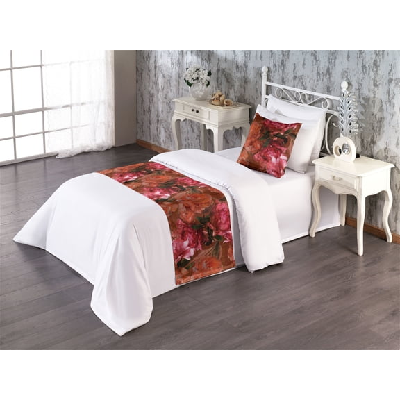 Peony Bed Runner Set, Grunge Effect Vintage Warm Colors Pattern of Flowers Graphic Art, Decorative Bedding Scarf & a Pillow Sham for Hotels Homes, Twin, Pink Dark Salmon and Cinnamon, by Ambesonne