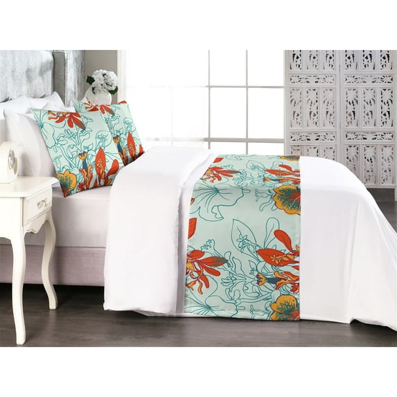 Peony Bed Runner Set, Tropical Design Delicate Flowers with Petals and Leaves on Neutral Back, Decorative Bedding Scarf & 2 Pillow Shams for Hotels Homes, King, Marigold Vermilion Teal, by Ambesonne