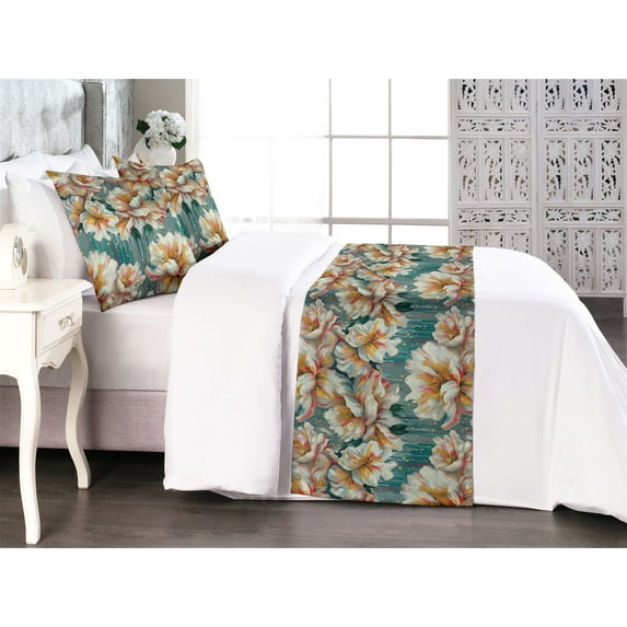 Peony Bed Runner Set, Watercolor Design Grunge Feels Floral Pattern with Innocent Petals Print, Decorative Bedding Scarf & 2 Pillow Shams for Hotels Homes, Queen, Amber Teal Cadet Blue, by Ambesonne