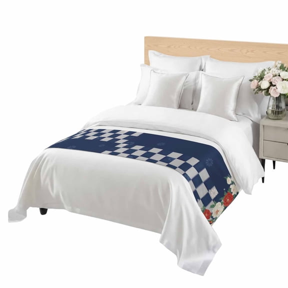 Peony Bed Runner Twin Size Harmony Japanese Blue Check Buffalo Plaid Soft Bed Scarf for Foot of Bed, Decorative Bedding Scarf Protection for Hotel Home Bedroom 71 x 20 Inch