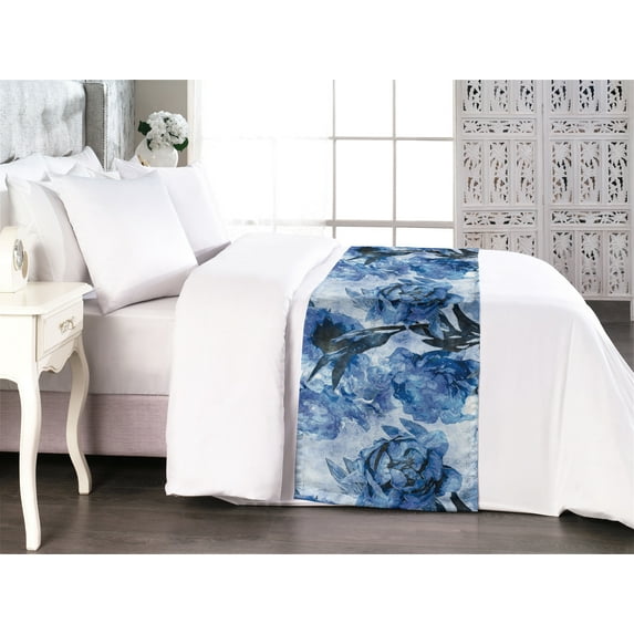 Peony Bed Runner, Winter Colors Illustration of Wild Life Floral Boho Pattern Vintage Print, Decorative Accent Bedding Scarf for Hotels Homes & Guest Rooms, King, Cobalt Blue Pale Blue, by Ambesonne