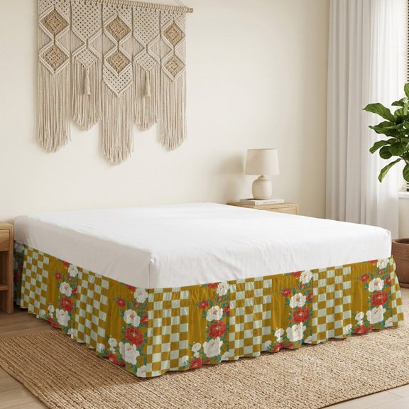 Peony Bed Skirt Bed Skirts Queen Size 16 Inch Drop, Harmony Japanese Yellow Buffalo Plaid Wrap Around Dust Ruffle Bedskirt with Adjustable Elastic Belt for Queen Size Beds
