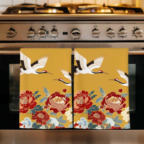 Peony Birds Kitchen Towels Set of 1, Farmhouse Japanese Budding Flowers Animals Absorbent Dish Towels for Kitchen, Microfiber Hand Towel, Quick Drying Tea Towel for Cleaning Decorative Dishcloths