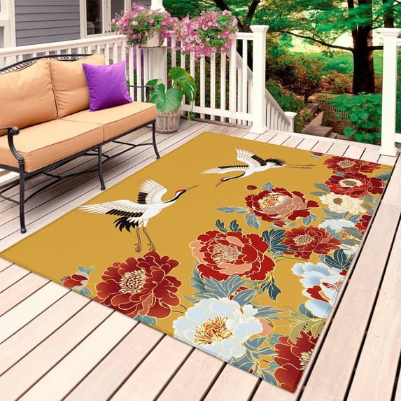 Peony Birds Outdoor Rug 4x6 Ft, Non Slip Washable Area Rug, Farmhouse Japanese Budding Flowers Animals Patio Rugs Carpet Runner, Large Floor Mat for Indoor/Outdoor Deck Porch Camping