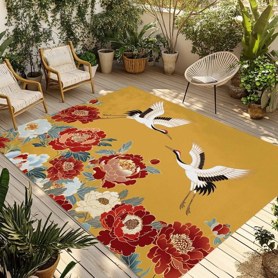 Peony Birds Outdoor Rug for Patio/Deck/Porch, Non-Slip Large Area Rug 5 x 8 Ft, Farmhouse Japanese Budding Flowers Animals Indoor Outdoor Rugs Washable Area Rugs, Reversible Camping Rug Carpet Runner