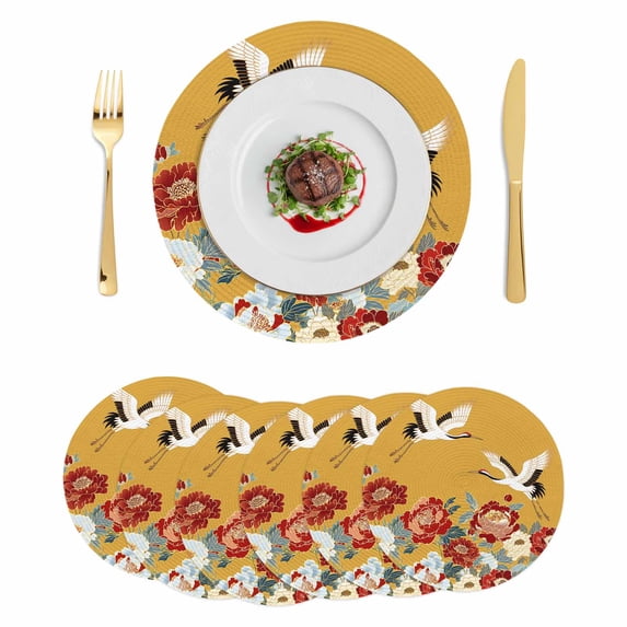 Peony Birds Round 15 Inch Placemats Set of 6, Farmhouse Japanese Budding Flowers Animals HeatResistant Non Slip Place Mats for Dining Table, Wipeable Braided Kitchen Table Mats for Housewarming