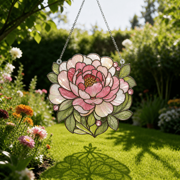 Peony Bloom Acrylic Suncatcher Window Hanging Gift for Mom, Floral Sun Catcher Decor