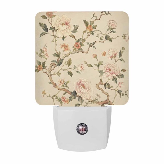Peony Blossom LED Night Light, Rustic Tree Branch Botanical Country Vintage Cream Night Lights plug into Wall with Smart Sensor Dusk to Dawn Sensor for Nursery Bedroom 2.95x4.5in