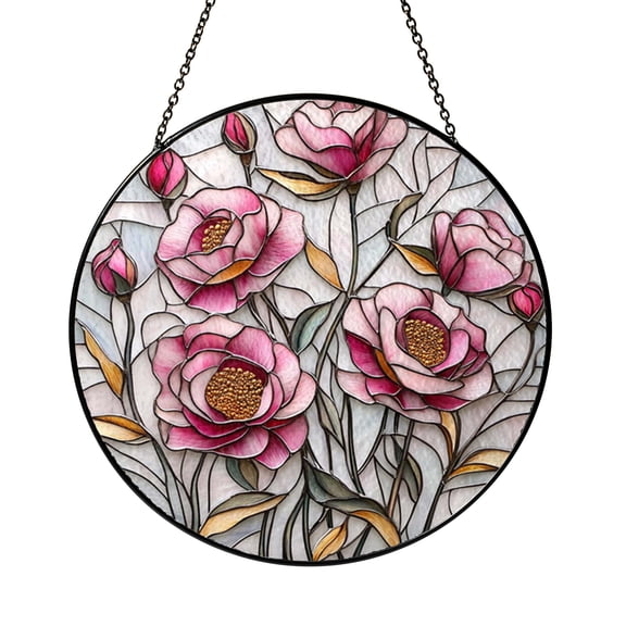 Peony Blossom Window Panel – Stained Glass Style Floral Design