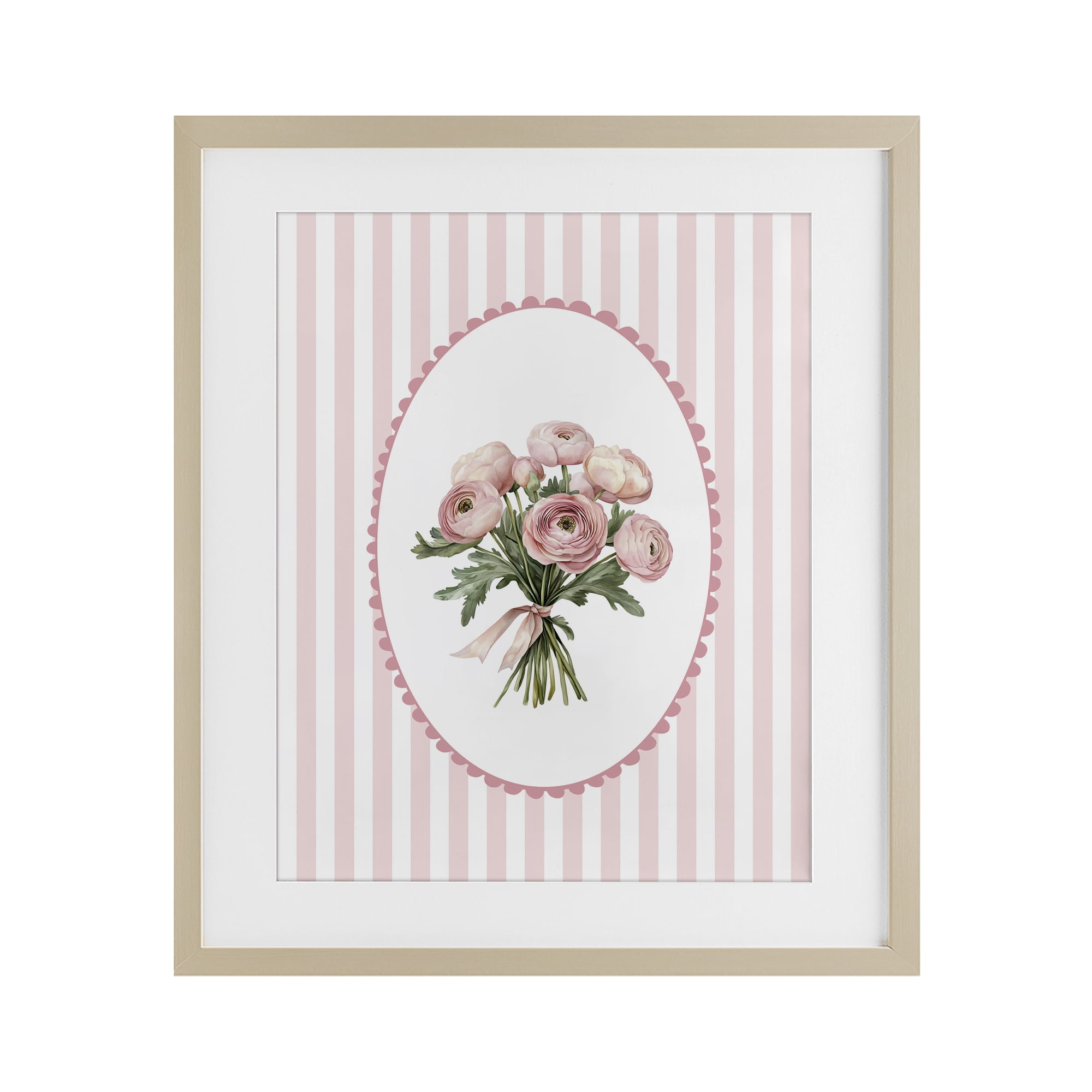 Peony Bouquet on Gentle Stripes Birch Framed Print Under Glass, design by Christine Simpson Art