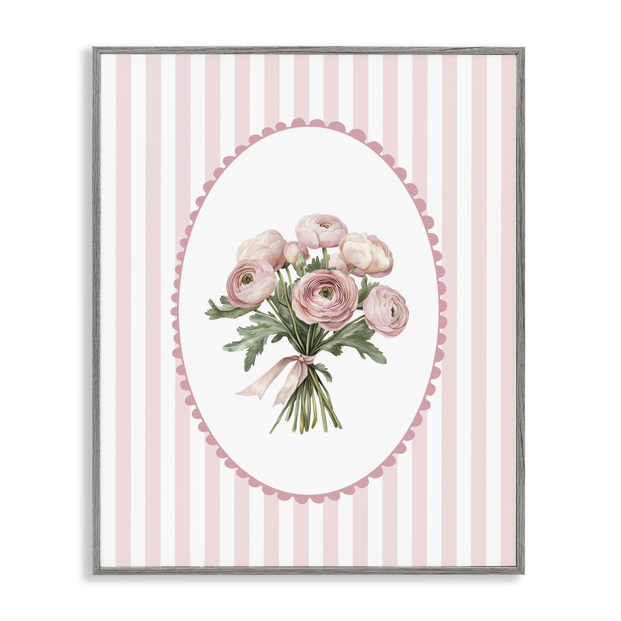 Peony Bouquet on Gentle Stripes Gray Framed Giclee Art, design by Christine Simpson Art