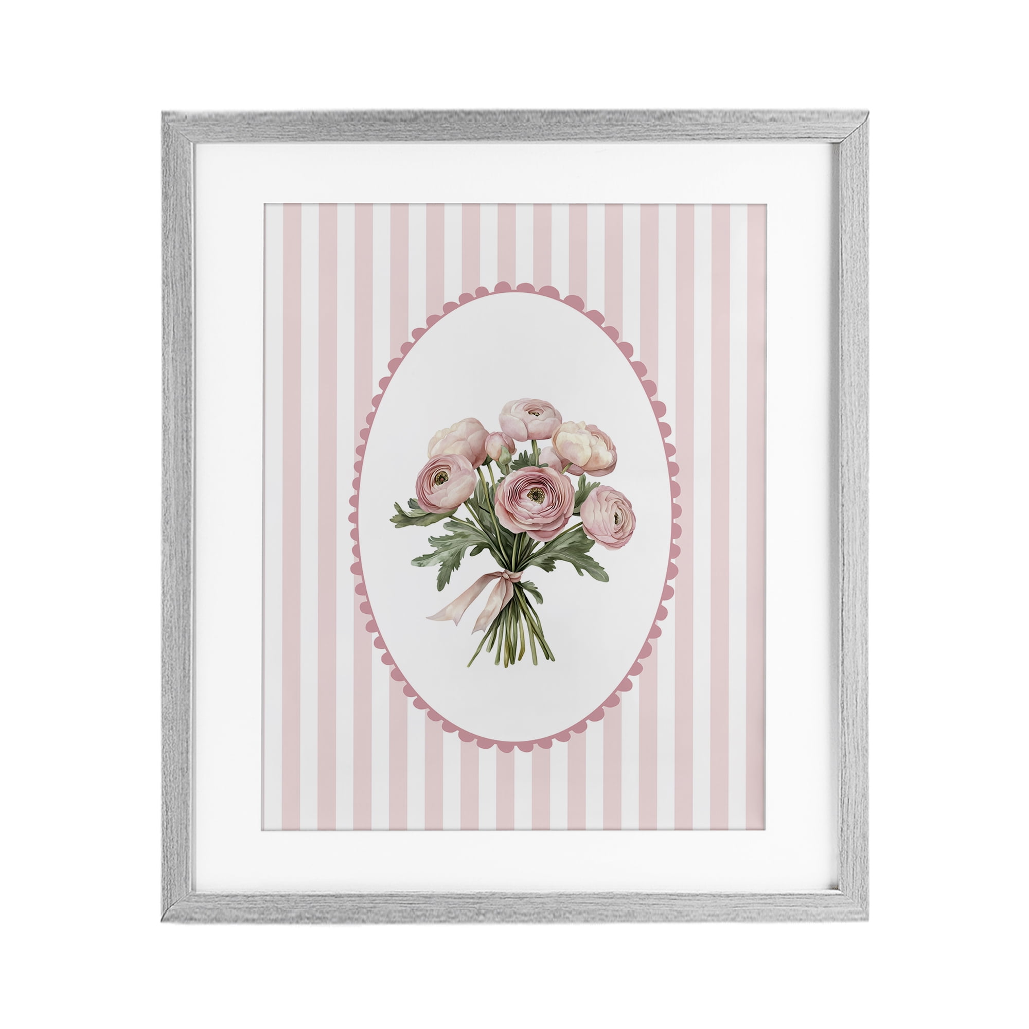 Peony Bouquet on Gentle Stripes Gray Framed Print Under Glass, design by Christine Simpson Art
